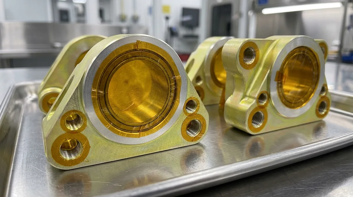 Precision CNC Machined Aerospace Aluminum Components with Yellow Chromate Conversion Coating and Die-Cut Kapton Masking Tape