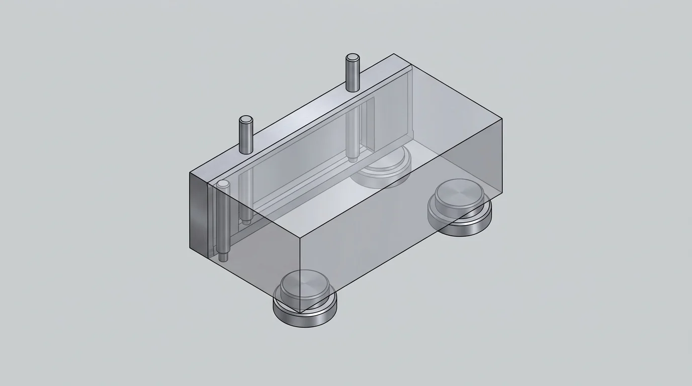 Kinematic 3-2-1 locating principle 3D CAD diagram showing primary resting plane with three contact points, secondary alignment with two pins, and tertiary stop pin constraining six degrees of freedom