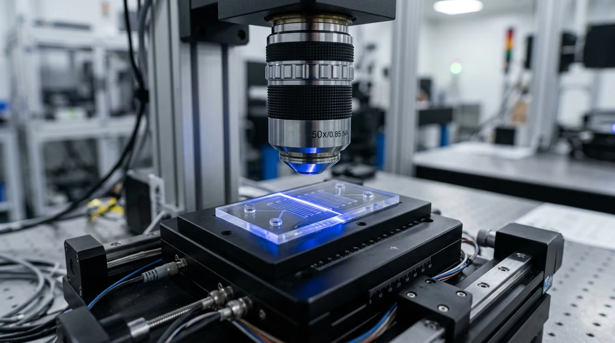 3D laser scanning confocal microscope inspecting 50-micron microfluidic channel topography in cleanroom