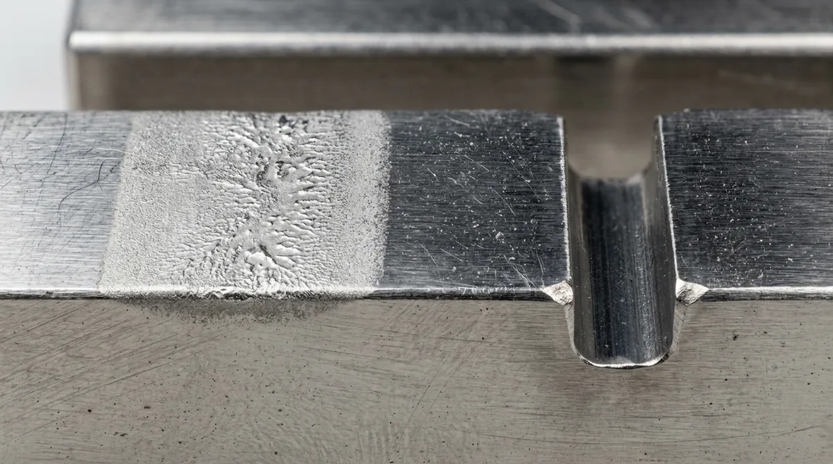 Microscopic metallographic cross-section comparing shallow laser etching depth with deep CNC rotary engraved groove geometry