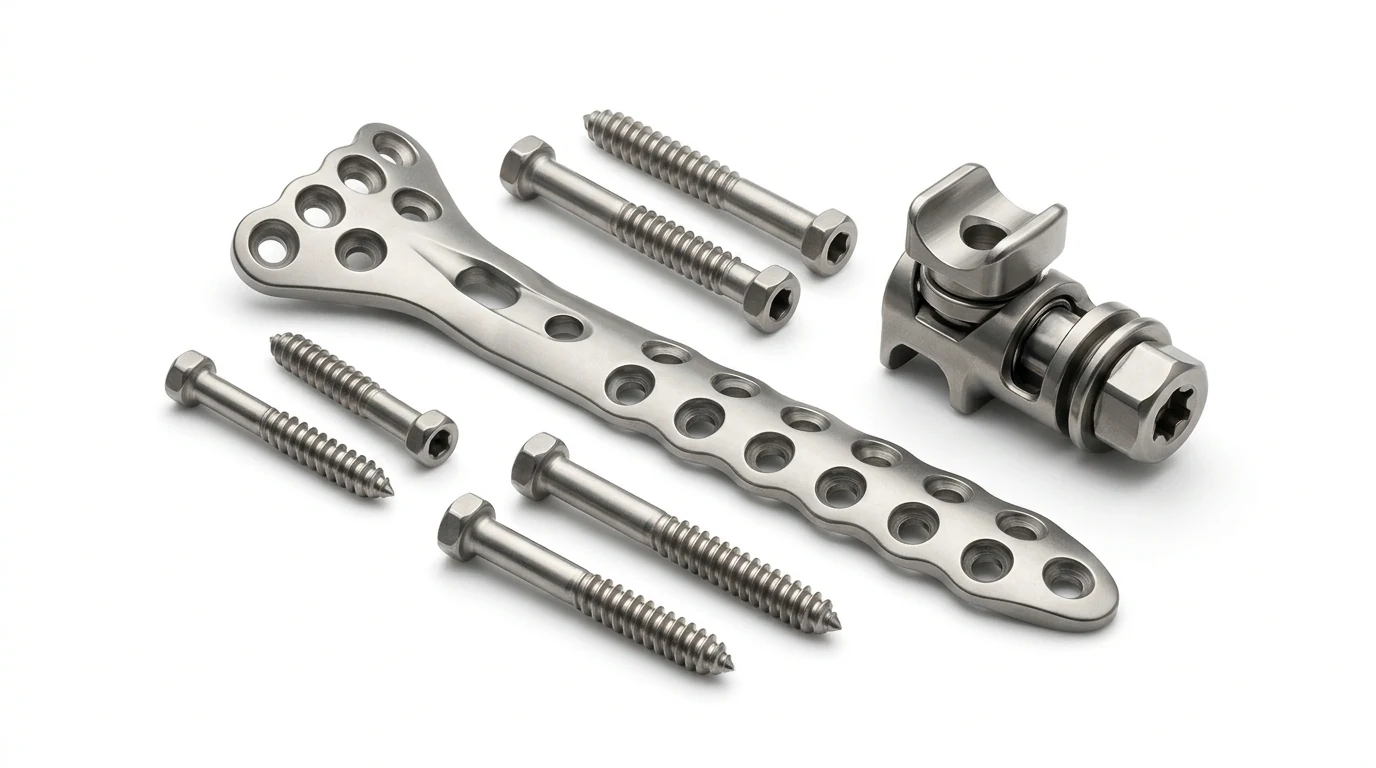 Biocompatible Titanium Orthopedic Bone Plate and Screws on Pure White Background