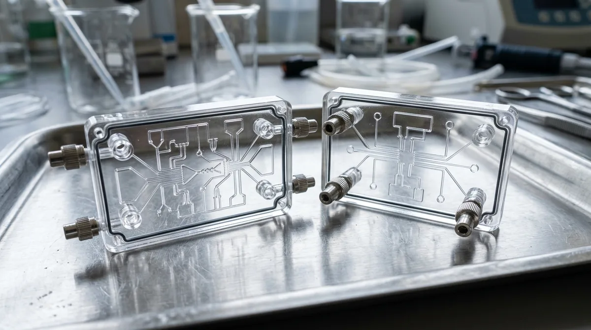 Medical-Grade Vacuum Cast Optical Clear Acrylic-Like Resin Microfluidic Diagnostic Cartridge with Luer Fittings - AS Prototypes