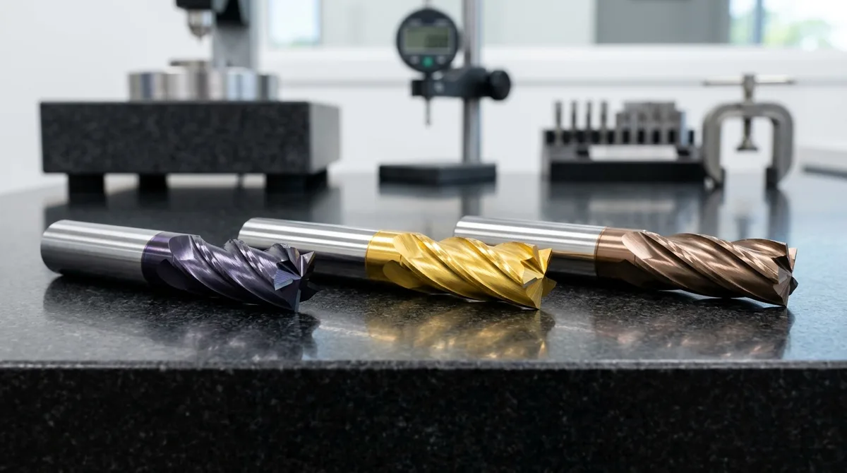 Three micro-grain solid carbide CNC end mills with AlTiN and TiN PVD coatings resting flat on a granite inspection plate for tool wear monitoring
