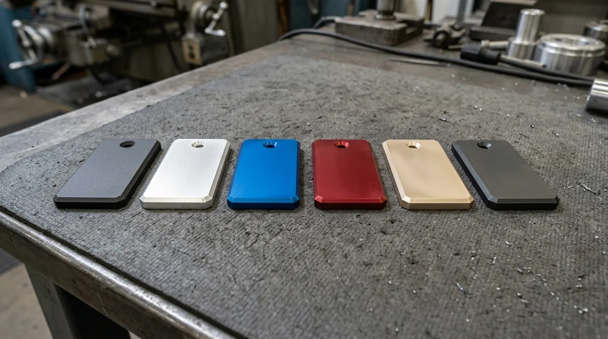 Six precision CNC machined 6061-T6 aluminum coupons lying flat on workbench mat displaying black, clear silver, cobalt blue, crimson red, champagne gold, and hardcoat grey anodized finishes