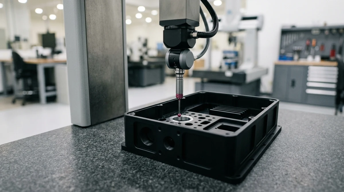 Bridge CMM with ruby probe verifying GD&T tolerances on CNC defense optical housing