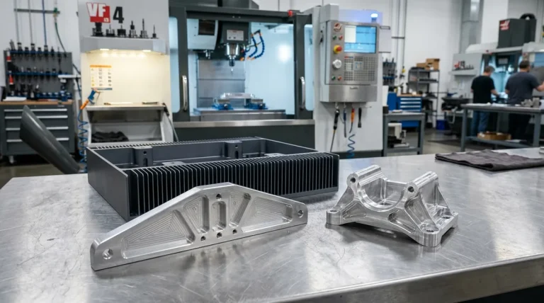 Precision CNC milled aluminum structural components and finned heatsink enclosure in machine shop - AS Prototypes