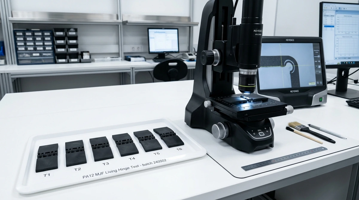 Multiple MJF nylon PA12 living hinge test specimens next to digital optical inspection microscope