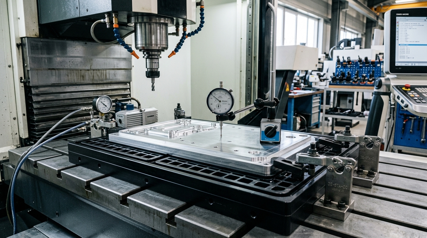 Modular vacuum fixture holding thin-wall aluminum plate for precision machining