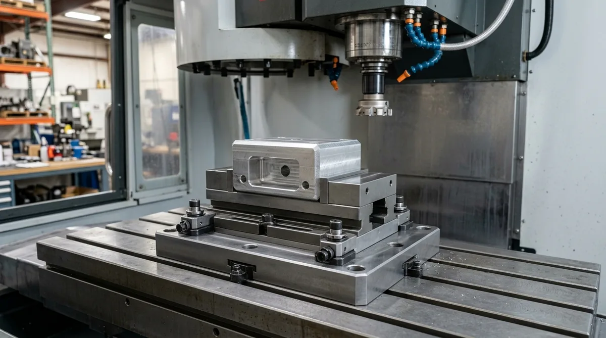 Standardized modular zero-point clamping subplate and precision milling vise rigidly securing raw aluminum billet on CNC machine bed