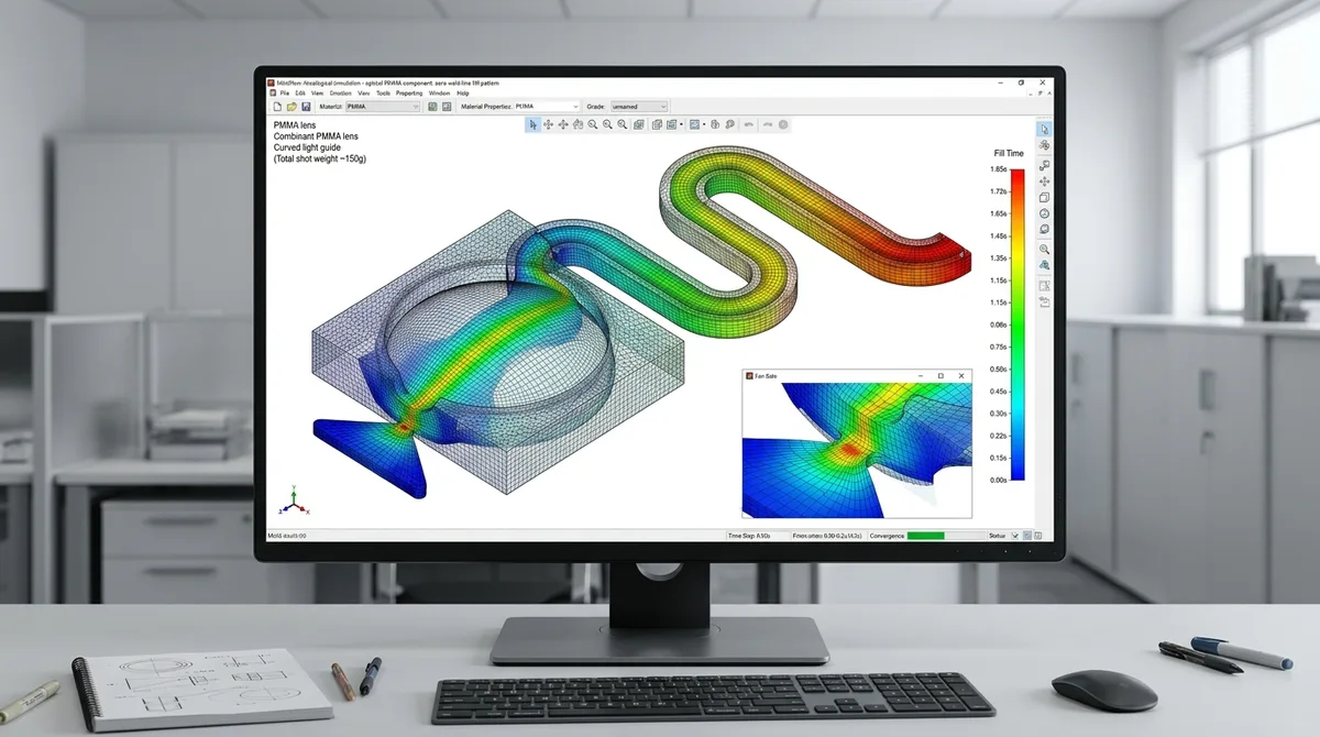 3D finite element Moldflow filling simulation of optical PMMA lens and light guide illustrating laminar melt wavefront and gate shear stress distribution