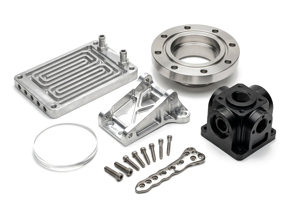 Multi-Industry Precision CNC Machined and Engineered Components Showcase on Pure White Background