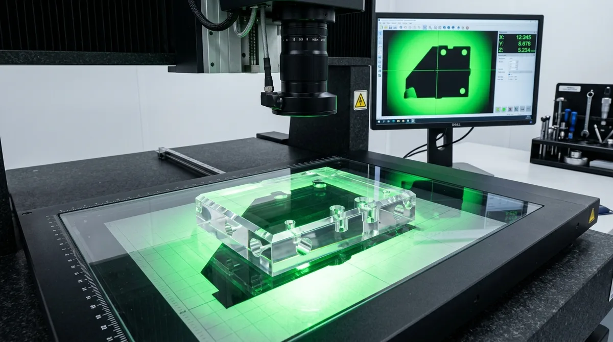2.5D optical video measuring machine inspecting edge profile and counterbore coordinates of a CNC machined PMMA prism with green telecentric backlight