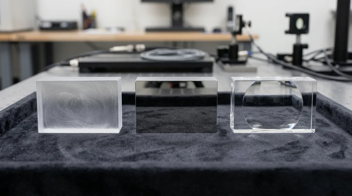 Three acrylic surface finishing stages showing as-milled frosted toolpaths, diamond flycut mirror flat, and hand-buffed optical clarity