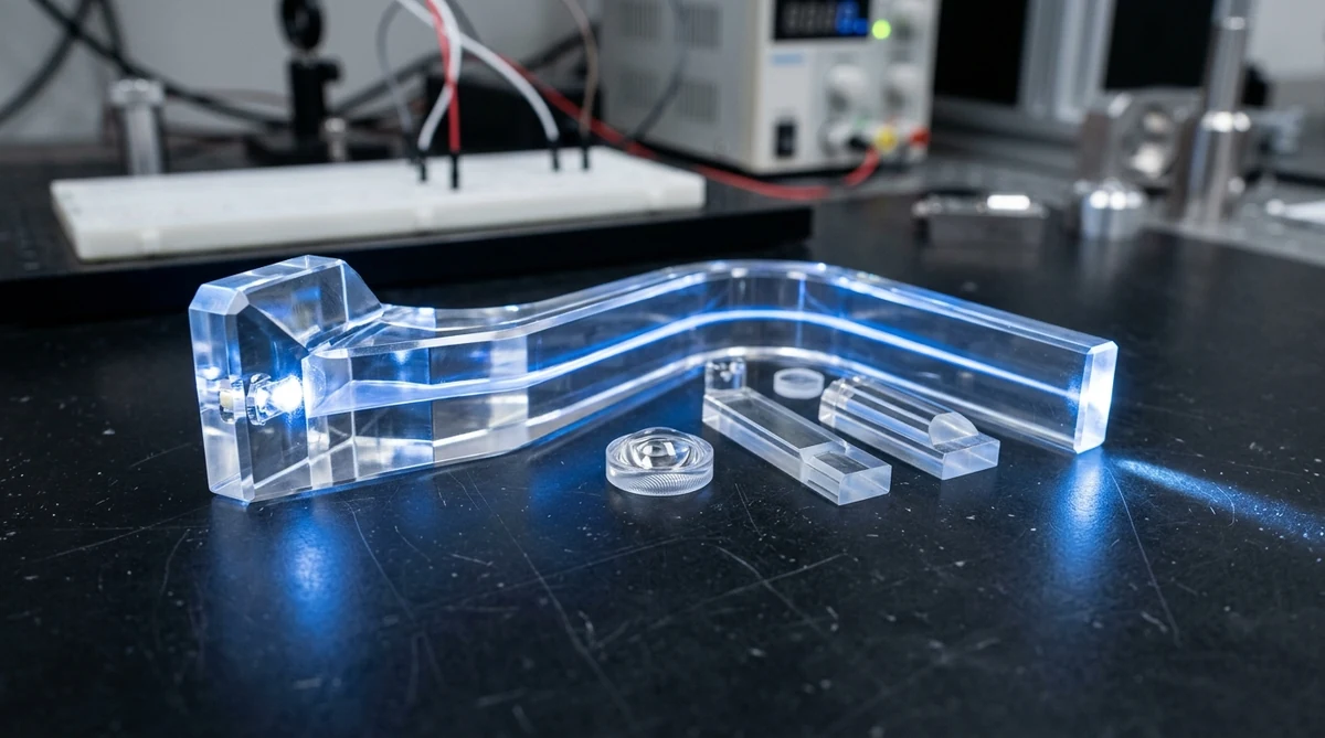 Optical clear SLA resin light pipes and lenses undergoing photometric transmission testing - AS Prototypes
