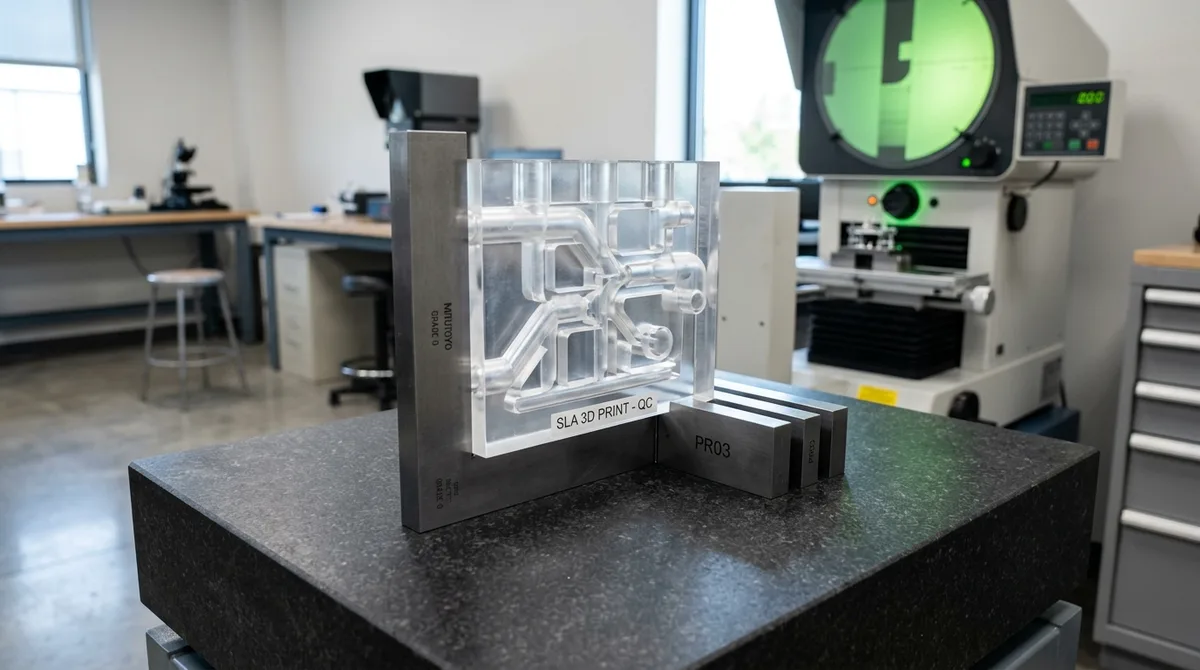 Optical Clear SLA Resin Fluidic Manifold Mitutoyo Square Metrology Inspection on Granite Plate