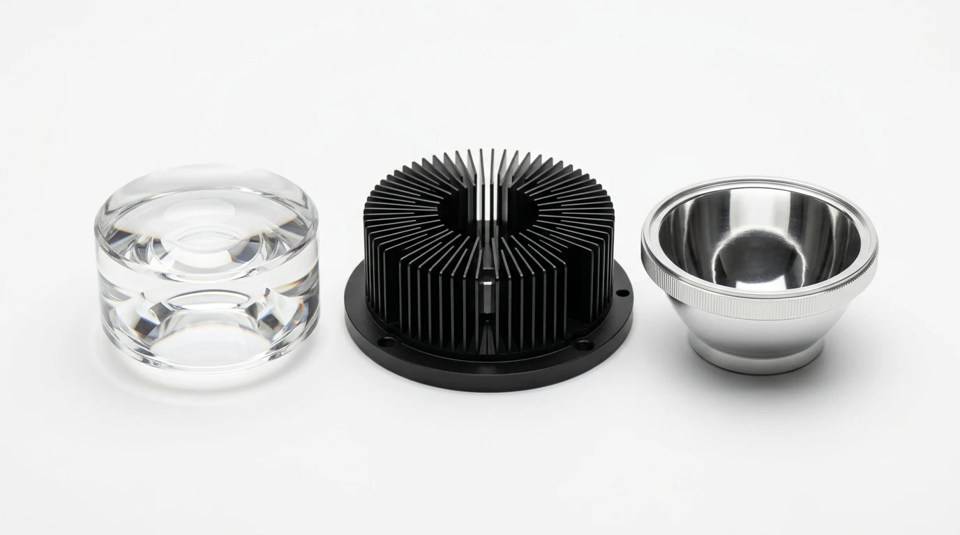 Optical Clear PMMA Collimator Lens and Radial Heatsink on Pure White Background