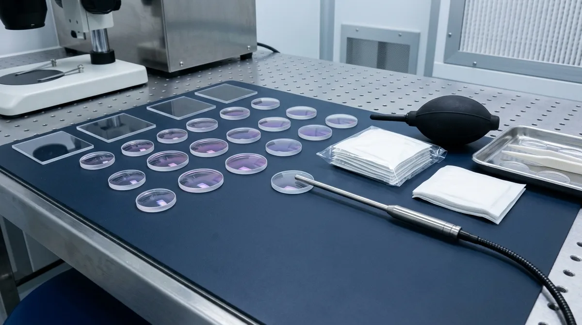 Array of injection molded optical PMMA lenses and sensor windows with anti-reflective and polysiloxane hard coatings lying flat on cleanroom ESD mat with spectrophotometer probe