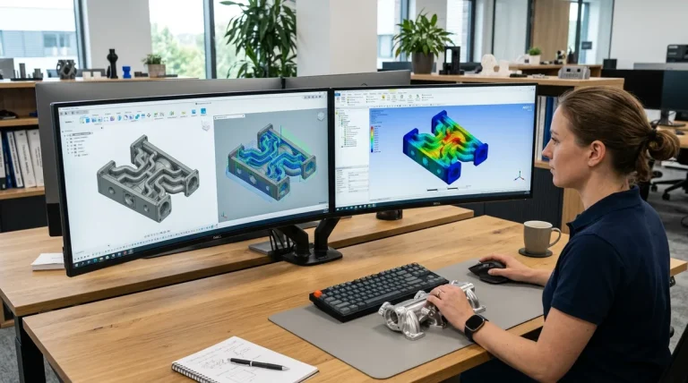 Mechanical engineer designing complex CNC machined aerospace manifold on CAD workstation - AS Prototypes