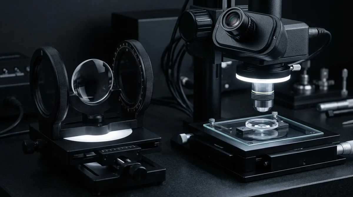 Optical PMMA injection molded convex lens inspected between crossed polarizing filters on a polariscope stage, displaying minimal stress birefringence
