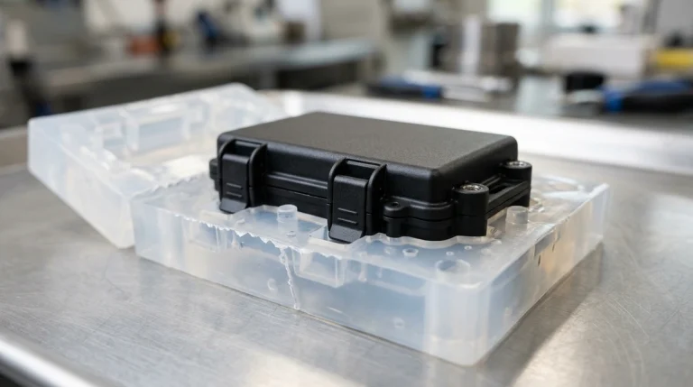Polyurethane Vacuum Casting: Split RTV Silicone Rubber Mold Revealing Freshly Cured Rigid Polyurethane Device Enclosure Prototype