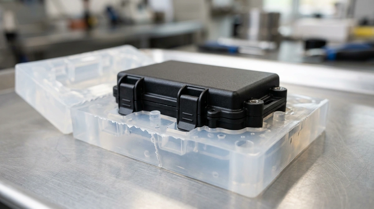 Polyurethane Vacuum Casting: Split RTV Silicone Rubber Mold Revealing Freshly Cured Rigid Polyurethane Device Enclosure Prototype