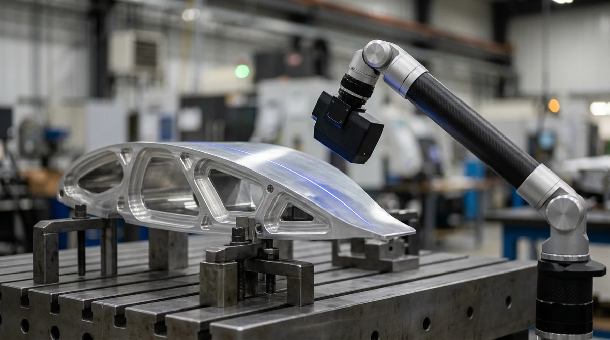 Portable articulated CMM arm with 3D blue laser line scanner inspecting CNC machined aerospace wing rib on fixturing table