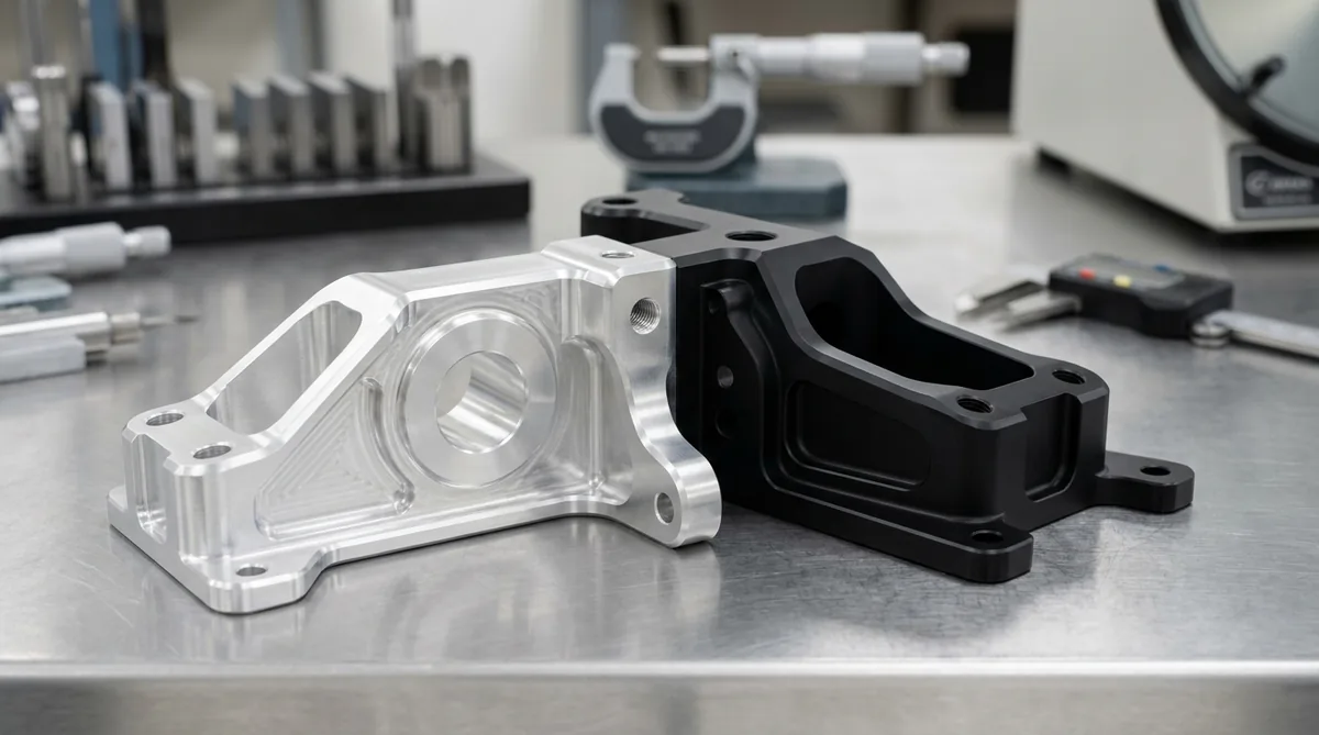 As-Machined and Black Anodized Aluminum Prototype Brackets on Quality Inspection Table