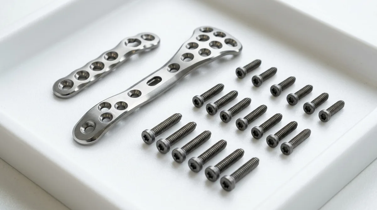 Biocompatible Titanium Orthopedic Bone Plates and Cortical Screws on Medical Surgical Tray