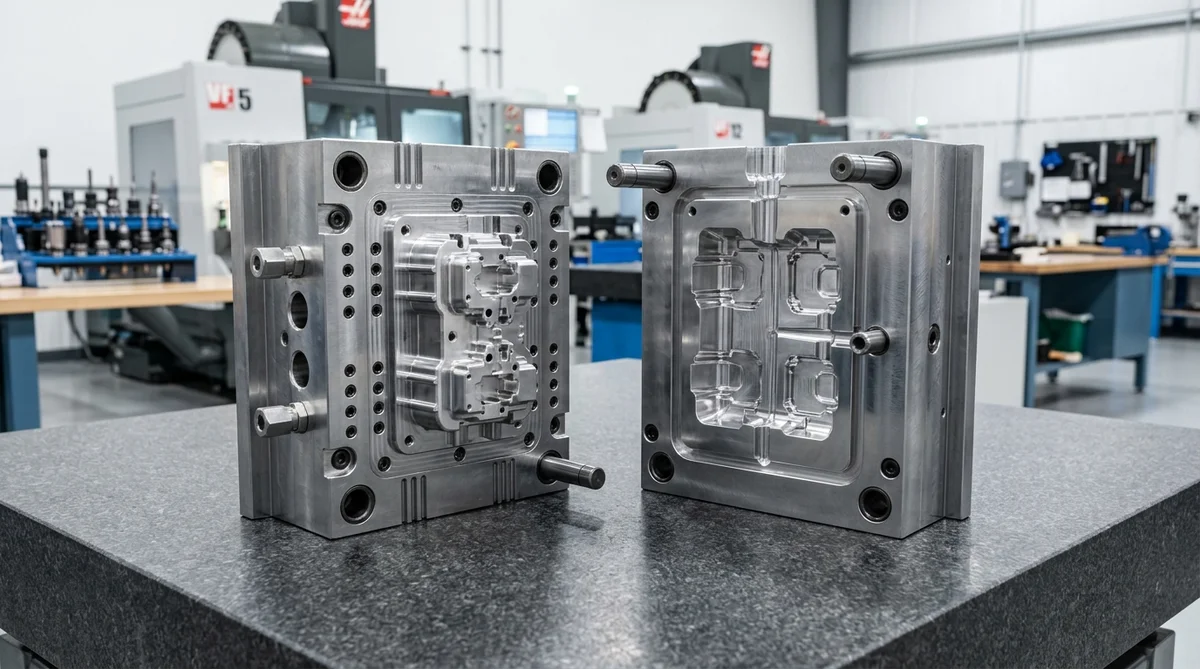 Precision 7075-T6 aluminum rapid tooling injection mold core and cavity block with depth micrometer