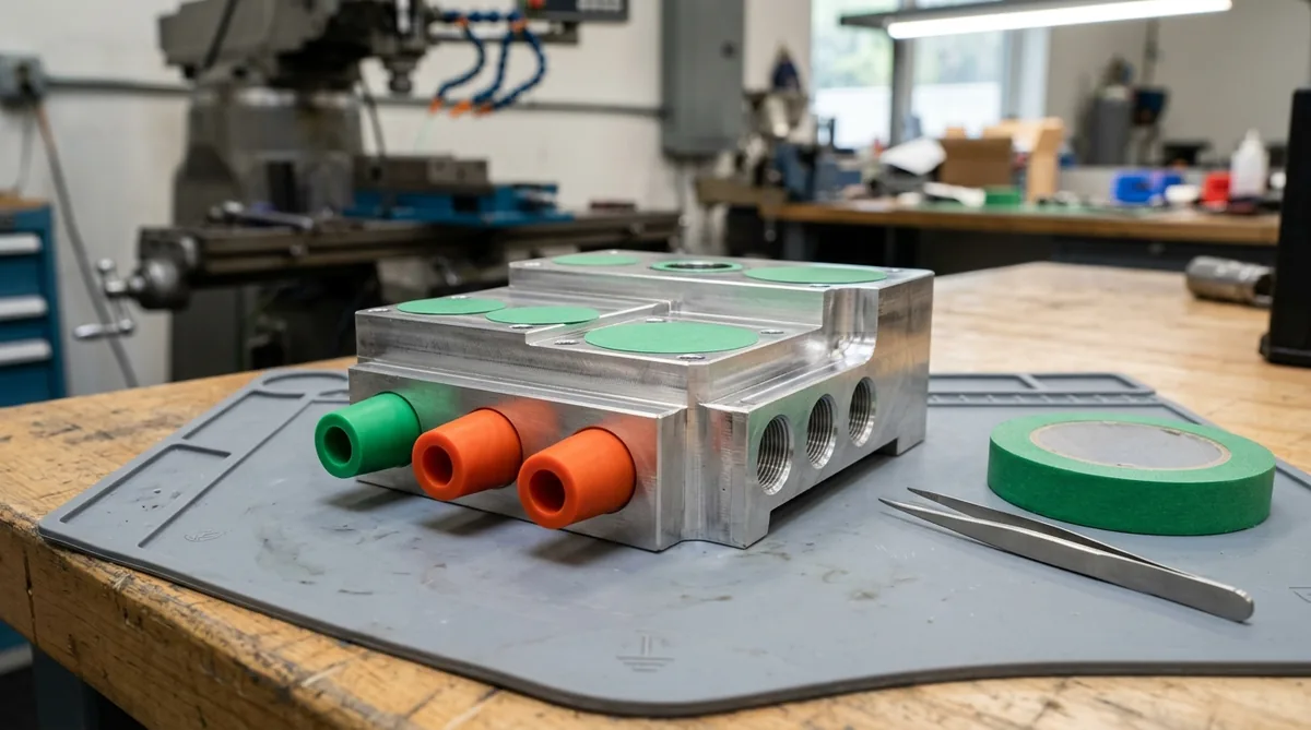 CNC machined aluminum hydraulic manifold block resting flat on silicone mat with green die-cut polyester masking discs and tapered silicone plugs protecting threaded ports