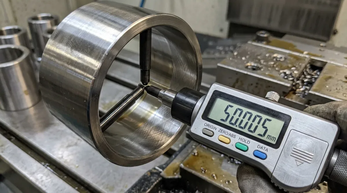 Digital three-point internal bore micrometer measuring precision 50.005 mm H7 bearing sleeve bore on CNC machine table
