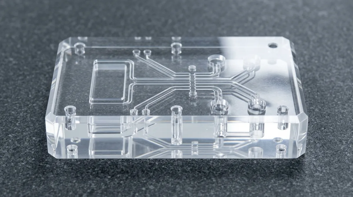 Precision CNC machined optical-grade clear PMMA acrylic manifold block with diamond-flycut optical facets resting flat on a granite metrology plate