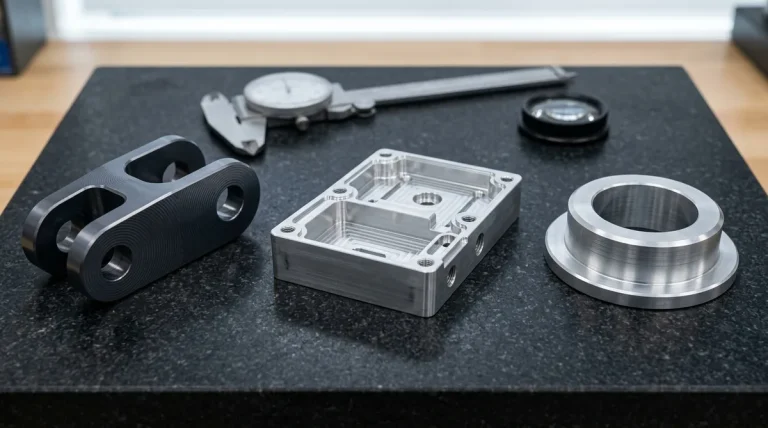 Precision CNC machined 6061-T6 electronic manifold and 7075-T6 aerospace clevis bracket resting flat on granite inspection plate