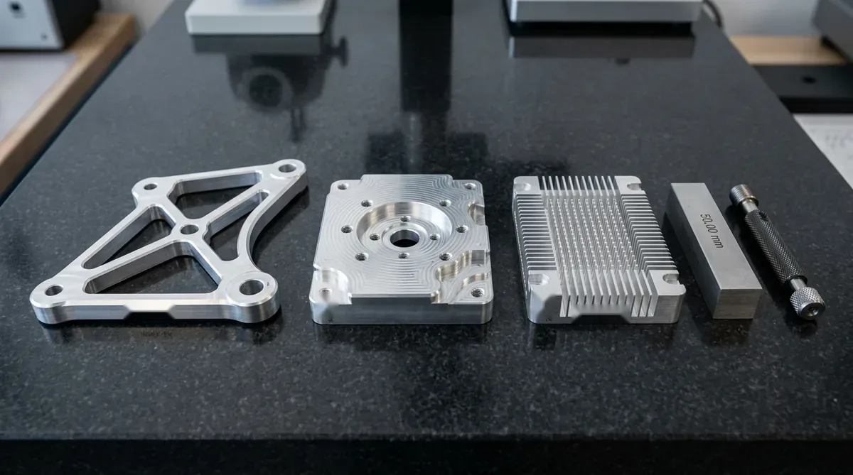 Precision CNC machined aluminum prototype parts suite including lightweight structural bracket, motor housing base, and micro-pin heatsink on granite plate