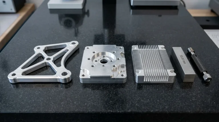 Suite of precision CNC-machined aluminum prototype components including skeletonized bracket, optical sensor mount, and micro-fin heatsink lying flat on granite inspection plate