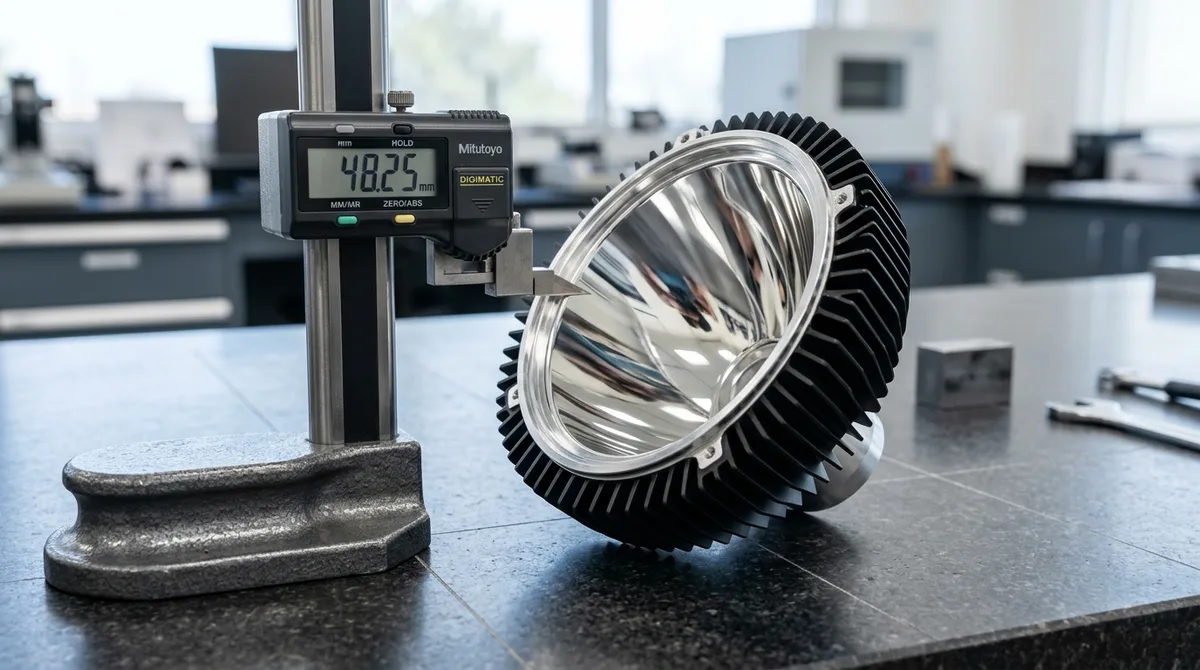Precision CNC machined radial LED heatsink housing, diamond-turned optical reflector cup, on granite metrology plate - AS Prototypes