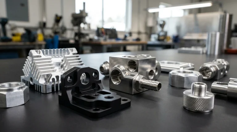 Studio Display Array of Precision CNC Machined Aerospace and Medical Components Including Clear Anodized and Hard Black Anodized Parts