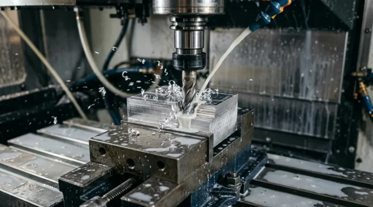 Precision CNC Milling of Monolithic Aluminum Prototype Billet in Rigid Machine Vise with Flood Coolant
