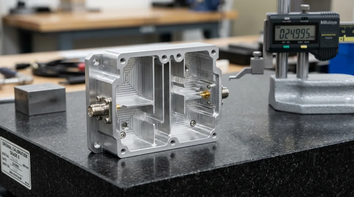 Precision 5-Axis CNC Machined 6061-T6 Aluminum RF Filter Cavity Enclosure on Granite Surface Plate with Mitutoyo Digimatic Height Gauge