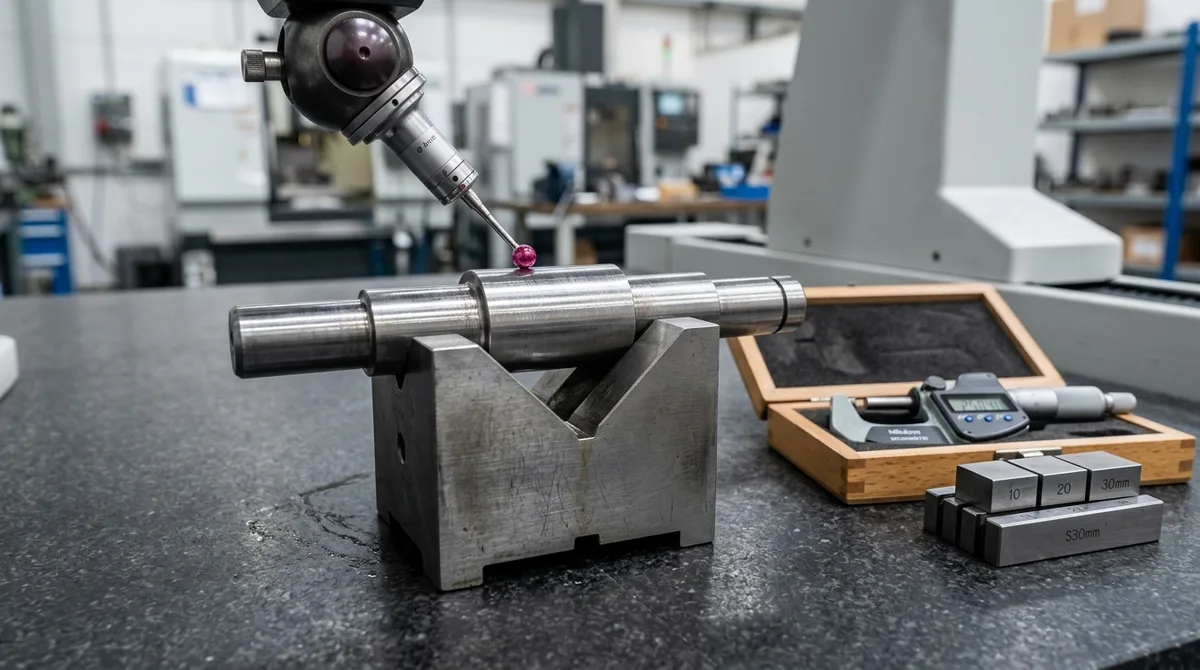 Precision ground stepped shaft resting in V-block on granite plate during CMM tactile inspection