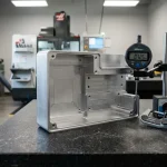 Precision CNC milled aluminum prototype enclosure inspected on granite surface plate