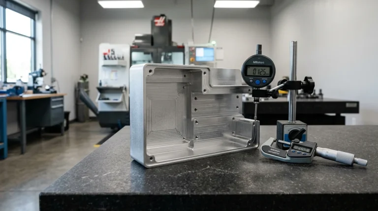 Precision CNC milled aluminum prototype enclosure inspected on granite surface plate
