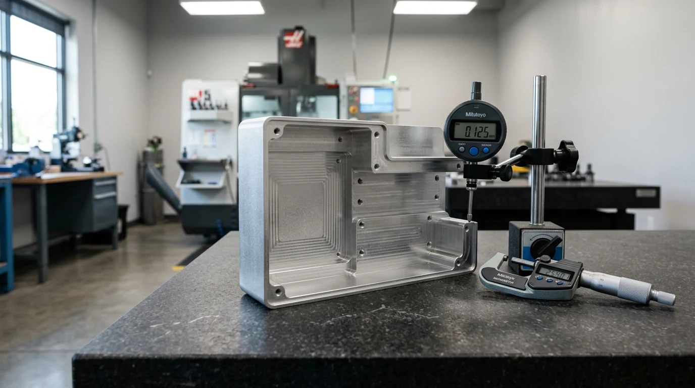 Precision CNC milled aluminum prototype enclosure inspected on granite surface plate
