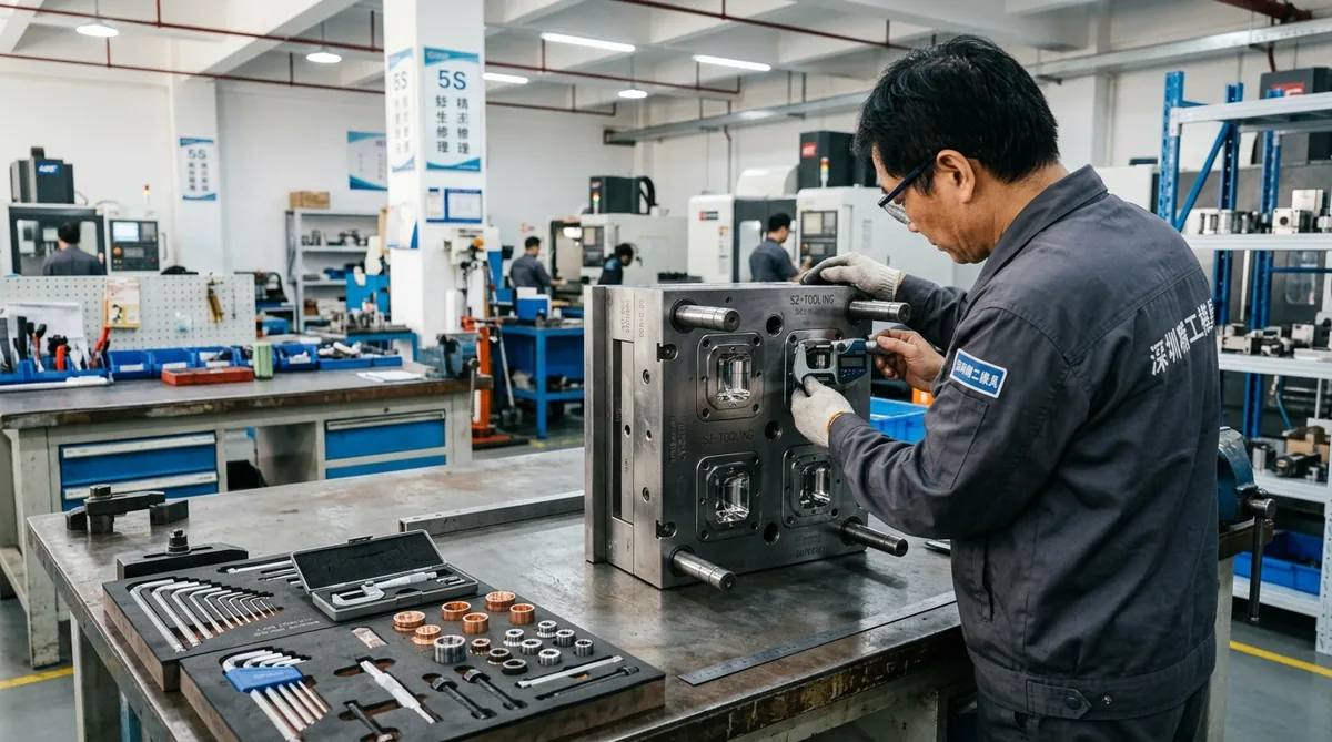 Toolroom assembly workbench in Shenzhen mold facility with toolmaker verifying four-cavity injection mold base inserts with micrometer