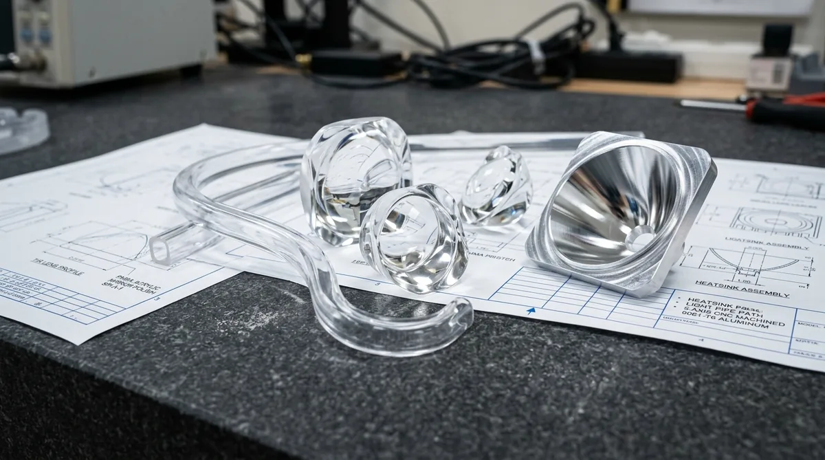 Diamond Milled Optical Acrylic Light Guide Array and Radial Aluminum LED Heatsink Housing - AS Prototypes