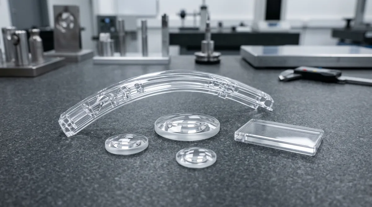 Precision injection molded optical clear PMMA convex lenses, automotive light pipe, and optical sensor cover resting flat on granite inspection surface