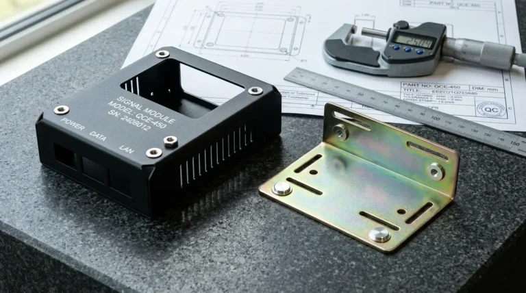 Precision-fabricated matte black powder-coated sheet metal enclosure with laser-cut louvers and flush PEM standoffs alongside zinc-plated bracket and 2D engineering drawing blueprint on granite plate