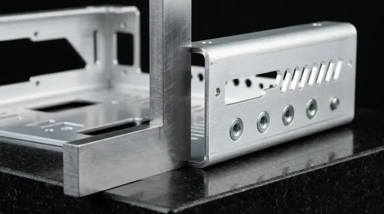 Precision 90-degree steel square ruler checking vertical flange squareness of 5052 aluminum sheet metal chassis on black granite surface plate
