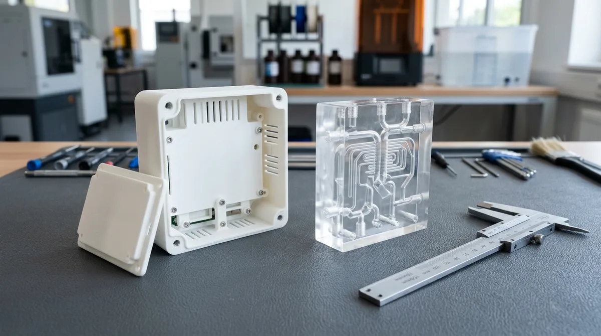 Precision SLA 3D Printed White ABS-Like Housing and Clear Optical Resin Manifold