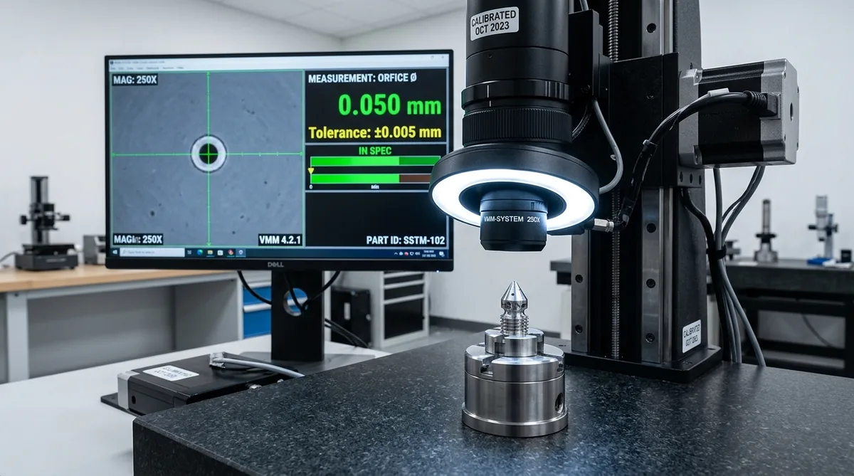 Automated Video Measuring Machine VMM Optical Inspection of 0.050mm Micro-Hole in Swiss Turned Nozzle